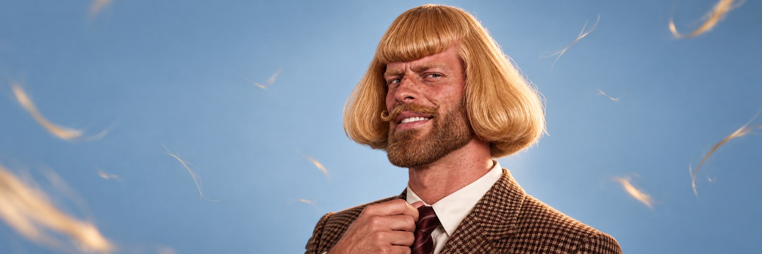 GIGAPHIL adjusting his tie against a powder-blue studio background