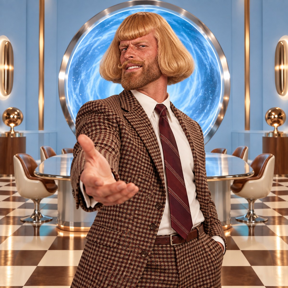 GIGAPHIL reaches through a luminous portal in a retro-futurist boardroom