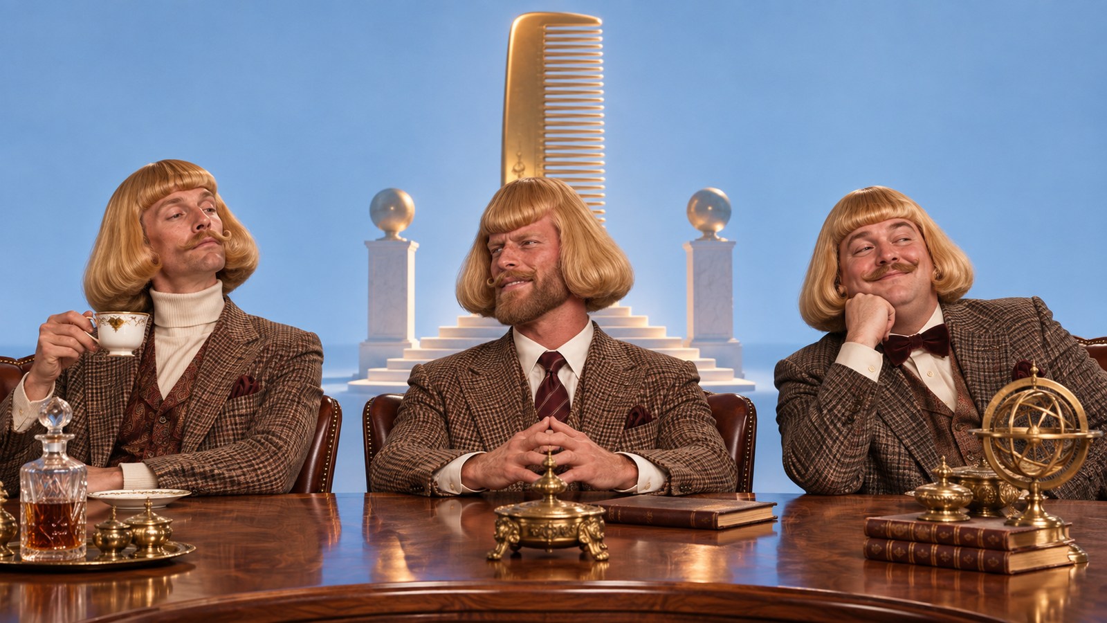 The eccentric Council of Phi beneath a monumental golden comb